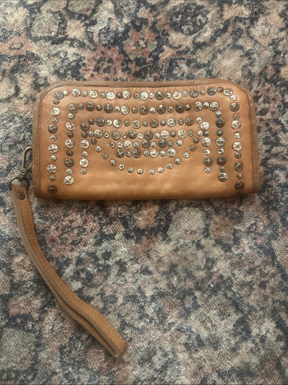Italian Leather Tan Studded Wristlet Wallet